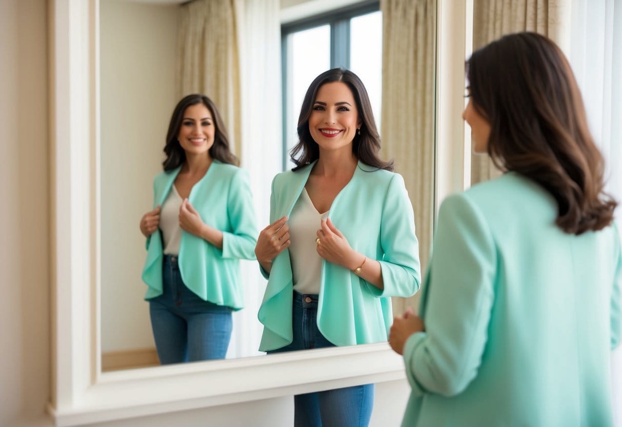 A woman tries on a light flowing summer jacket in front of a full length mirror smiling at her reflection